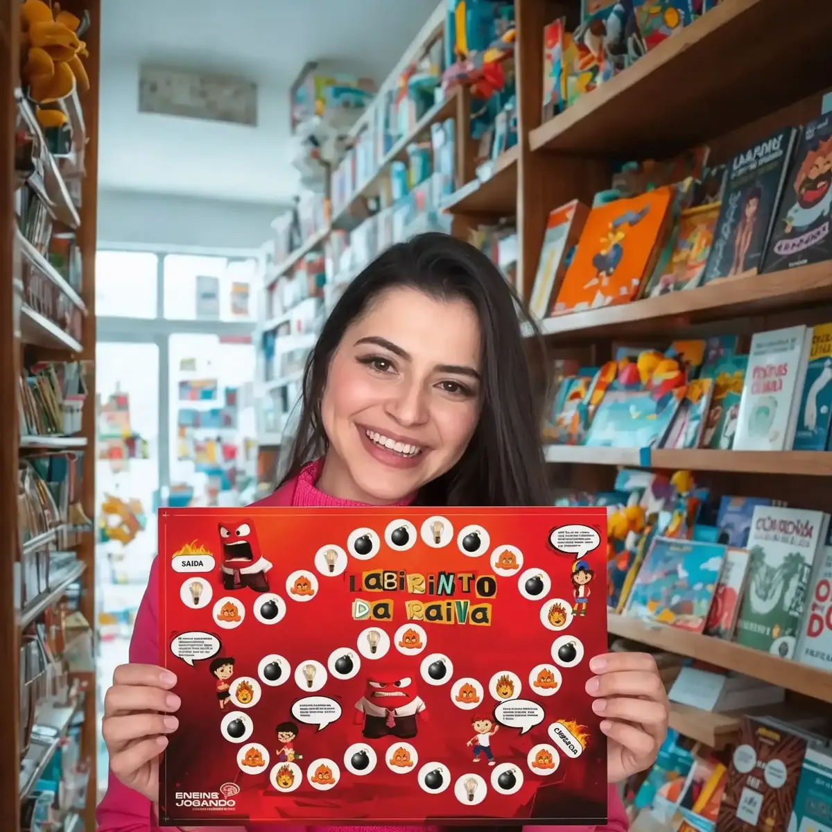 Dra. Jaqueline Begnini sorrindo na mesa do consultório com jogo de tabuleiro terapêutico espalhado - ferramenta de intervenção real usada nas sessões
